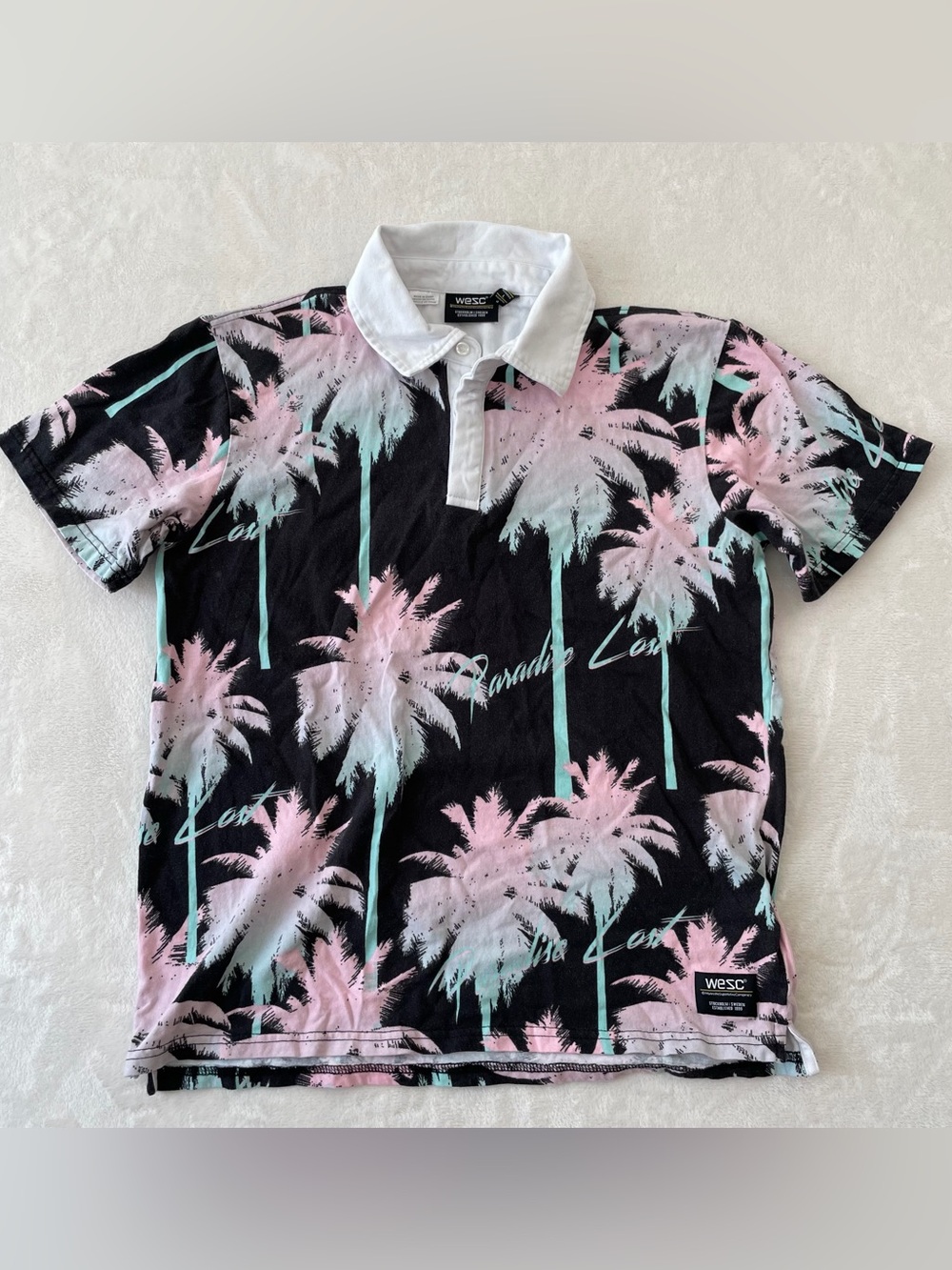 WeSC Palm Tree Print Polo Shirt Mens M Black/Pink/Blue Y2K Tropical Skate Surf